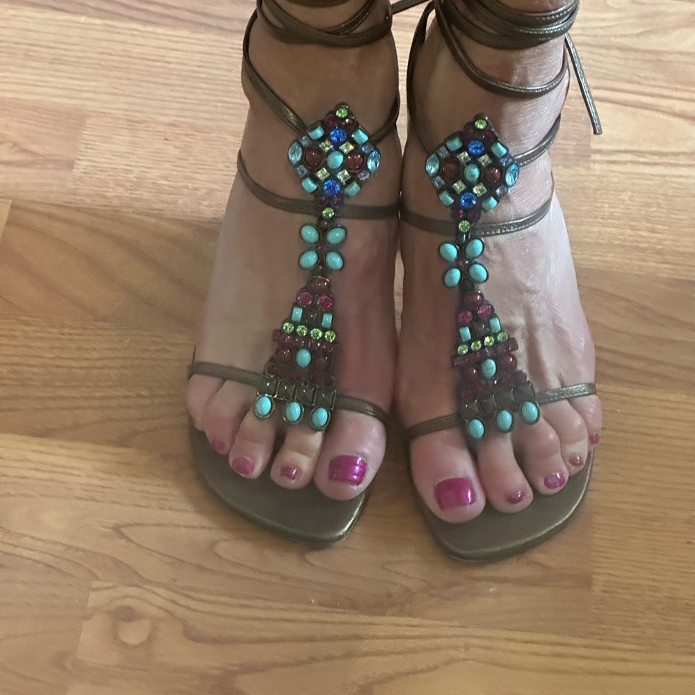 Stuart Weitzman metallic wrap sandals with stones